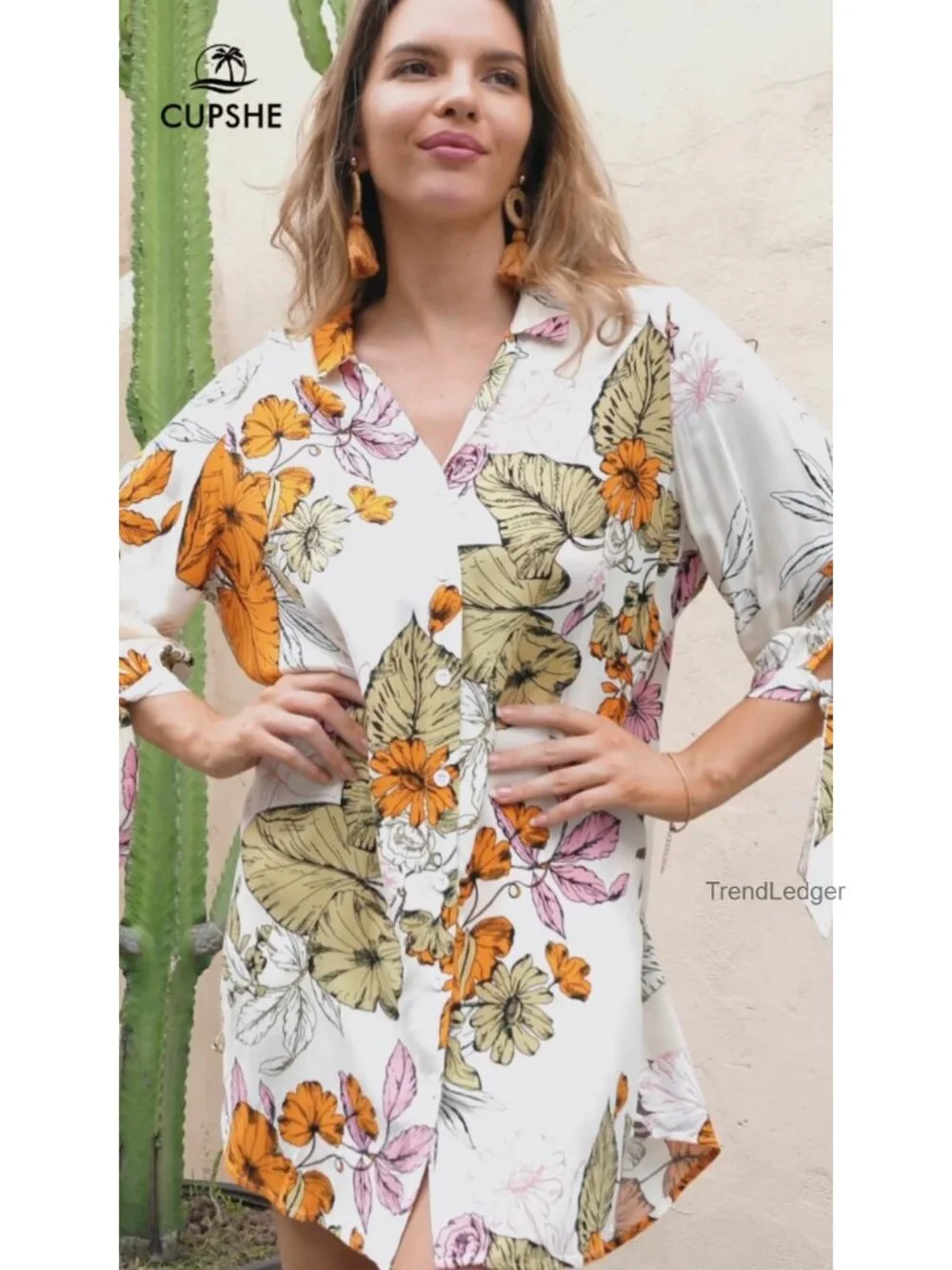 Women's Oversize Floral Shirt Dress 3/4 Sleeve Button Down Beach Cover Up